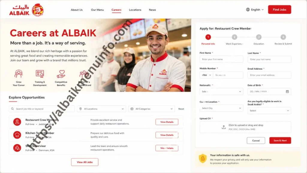 مثال على صفحة وظائف الشركة ونموذج طلب التوظيف عبر الإنترنت؛ استخدمه كدليل مرئي للتقديم.