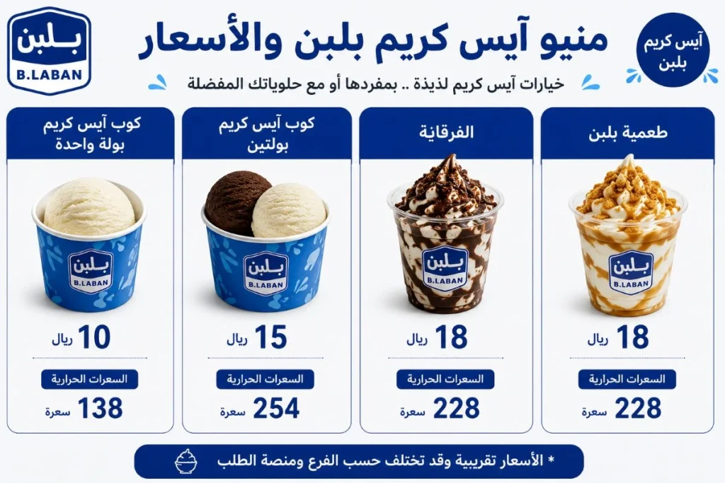 منيو آيس كريم بلبن السعودية بالأسعار والسعرات الحرارية كوب آيس كريم بولة واحدة وبولتين والفرقانة وطعمية بلبن