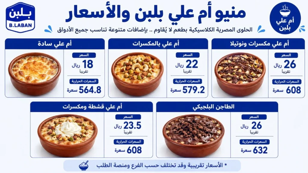 منيو أم علي بلبن السعودية بالأسعار والسعرات الحرارية أم علي سادة وبالمكسرات ونوتيلا وقشطة ومكسرات والطاجن البلجيكي