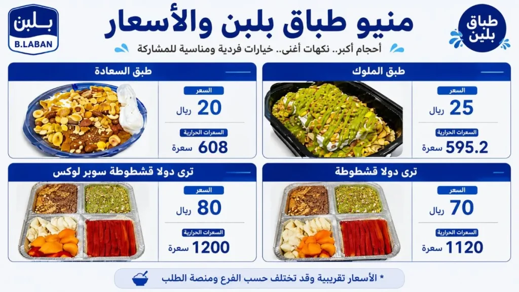 منيو أطباق بلبن السعودية بالأسعار والسعرات تري دولا قشطوطة وسوبر لوكس وطبق الملوك وطبق السعادة