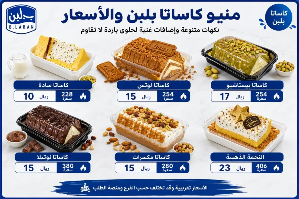 منيو كاساتا بلبن السعودية بالأسعار والسعرات كاساتا سادة ولوتس وبيستاشيو ونوتيلا ومكسرات والنجمة الذهبية